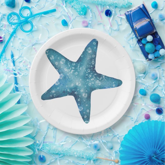 Prato De Papel Nautical Watercolor Blue Starfish (Festa)