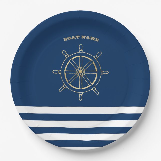 Prato De Papel Náutico, Roda de Barco Dourada, Listras Azul-Marin (Frente)