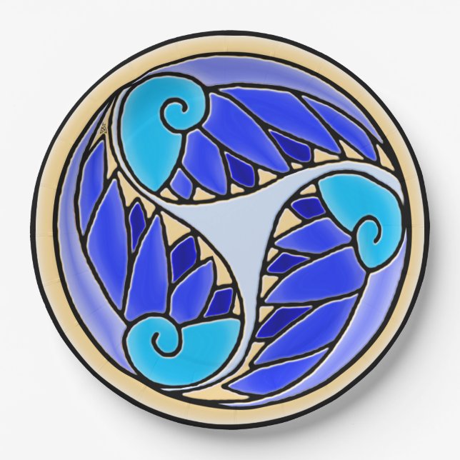 Prato De Papel Nautilus e Folhas de Palma - 3 Blues, Amarelo, Pre (Frente)