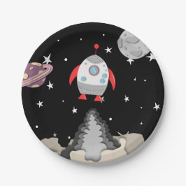 Prato De Papel Nave Espacial Negra Tirando Planetas Lua