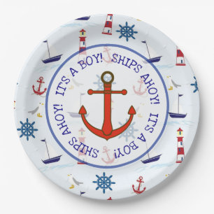Prato De Papel Navios Ahoy seus um menino, chá de fraldas