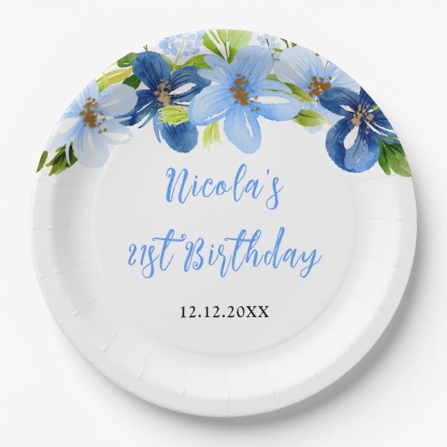 Prato De Papel Navy and Baby Blue Floral Birthday (Frente)