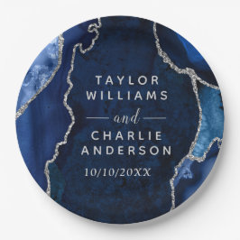 Prato De Papel Navy and Silver Agate Marble Wedding