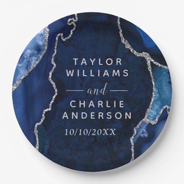 Prato De Papel Navy and Silver Agate Marble Wedding (Frente)