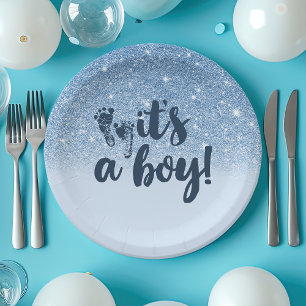 Prato De Papel Navy Azul Bebê Brilho Ombre É Um Menino