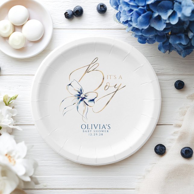Prato De Papel Navy Blue Bow It's a Boy Baby Shower (Navy Blue and Gold Baby Shower Paper Plates)