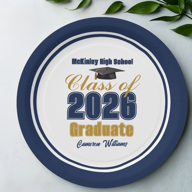 Prato De Papel Navy Blue Gold Class of 2026 Graduation Party (Criador carregado)