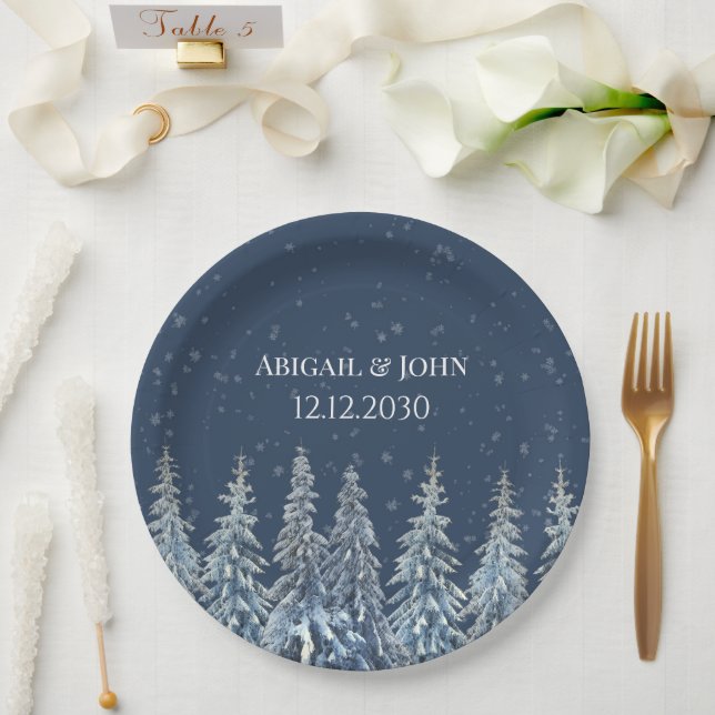 Prato De Papel Navy Blue Rustic Winter Forest Wedding (Casamento)