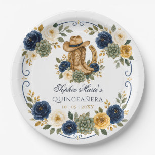Prato De Papel Navy Dourado Cavalo Ocidental Floral Charra Quince