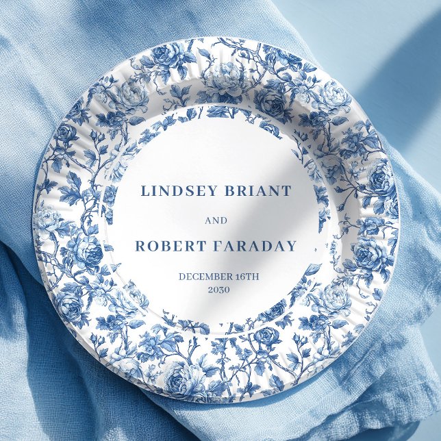 Prato De Papel Navy Roses Floral Chic Wedding Paper Plates (French toile de jouy roses,
Luxurious navy flowers paper plates,
dusty Blue flowers botanical garden)