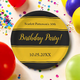 Prato De Papel Negra Elegante E Dourada Strips Moderno Aniversári