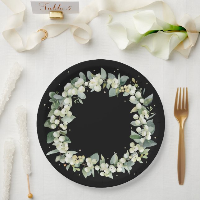 Prato De Papel Negra Elegante Snowberry+Eucalyptus Wreath Casamen (Casamento)