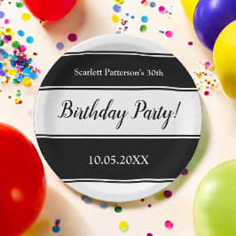 Prato De Papel Negra Moderna e White Strips Elegante Aniversário