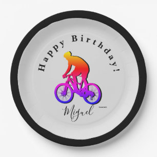 Prato De Papel Neon Bicycle Rider Happy Birday Plate