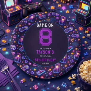 Prato De Papel Neon Glow Retro Arcade Jogos 8º Aniversário