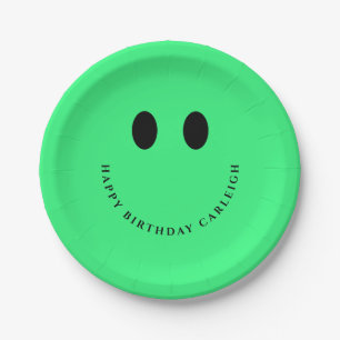 Prato De Papel Neon Green Happy Face Personalizada