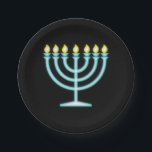 Prato De Papel Neon Menorah<br><div class="desc">Menorah azul no estilo de sinal de neon.</div>