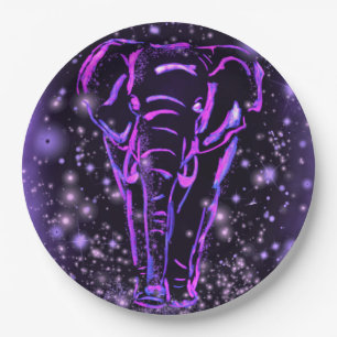 Prato De Papel Neon Purple Elephant Andando À Noite Estrelada 