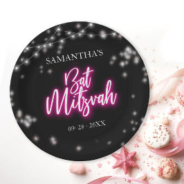 Prato De Papel Neon-Themed Bat Mitzvah, Rosa-Quente