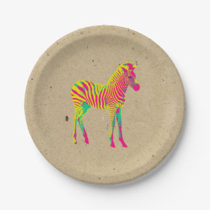 Prato De Papel Neon Zebra Baby Animal Psicodélico Retro