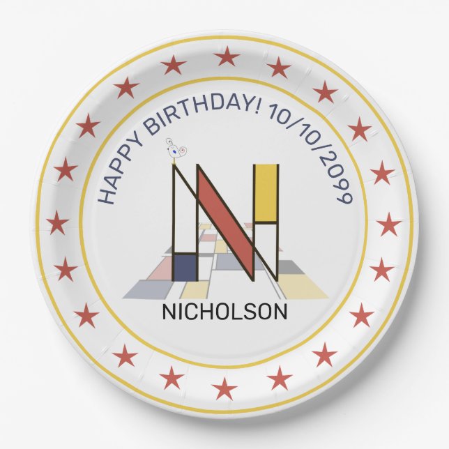 Prato De Papel Neoplasticismo Arte Monograma Elegante. Letra N (Frente)