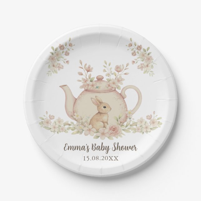 Prato De Papel Neutral Bunny & Floral Teapot Baby Shower  (Frente)