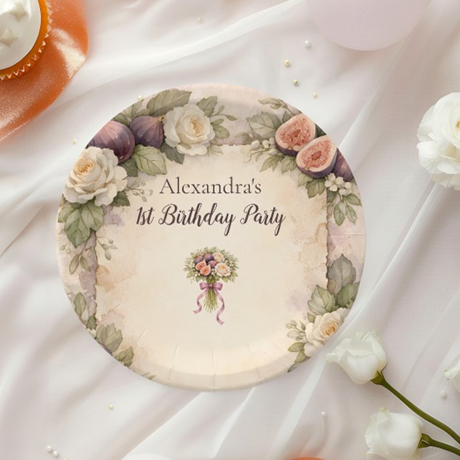 Prato De Papel Neutral Fig Floral 1st Birthday (Criador carregado)