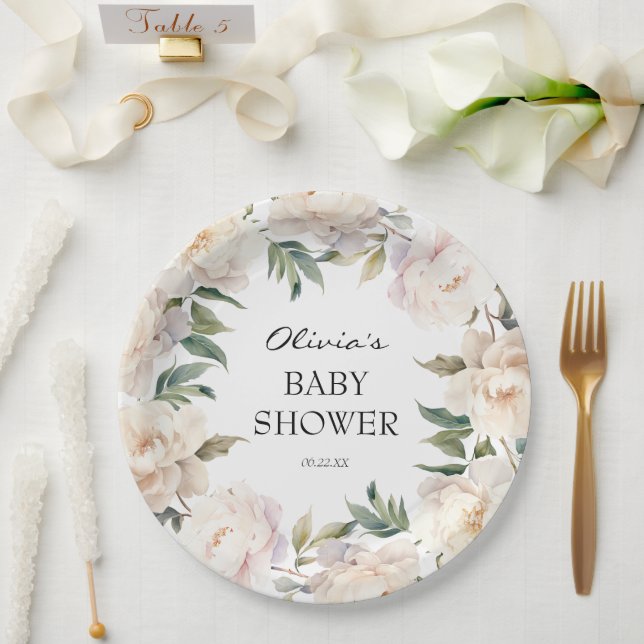 Prato De Papel Neutral Peony Wreath Garden Baby Shower (Casamento)