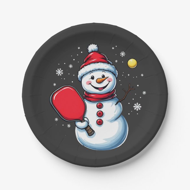 Prato De Papel Neve Jogando Pickleball no Natal (Frente)