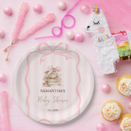 Prato De Papel New Chapter Pink Bow Stripes Baby Shower