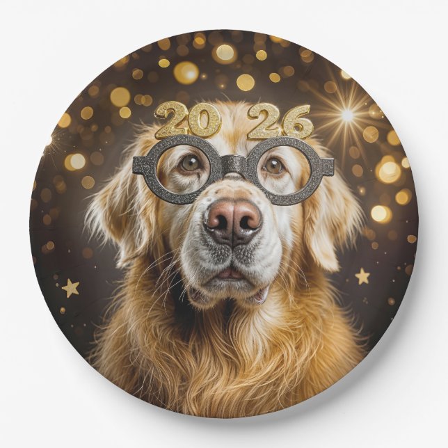 Prato De Papel New Year 2026 Golden Retriever Humor (Frente)
