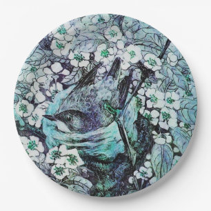 Prato De Papel NINHO DE PÁSSARO ENTRE FLORES DE PRIMAVERA ,Branco
