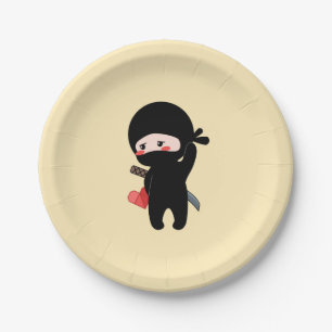 Prato De Papel Ninja Tímido e Corado Segurando Coração de Papel O