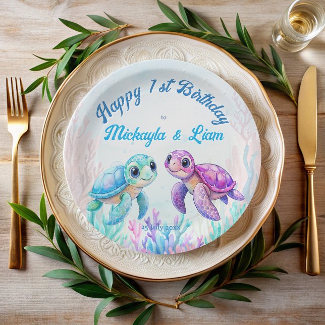 Prato De Papel No aniversário de gêmeos azuis da tartaruga aqua (Under the sea turtle aqua blue purple pink twins birthday party personalized printed paper plates )