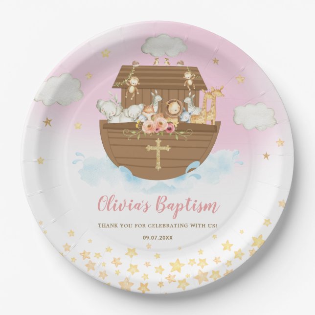 Prato De Papel Noah's Ark Cute Animal Girl Baptism Christening (Frente)