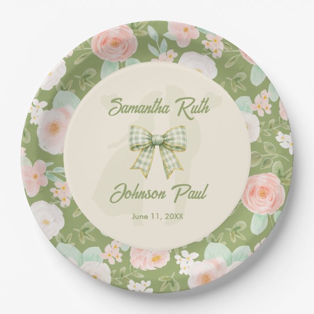 Prato De Papel Noiva Bow Gingham Verde Flor Silvestre Casamento (Frente)