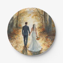 Prato De Papel Noiva e Noivo em Aquarela de Outono Casamento Pint