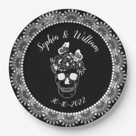 Prato De Papel Noiva Floral Gótico Preto e Branco Halloween Casam