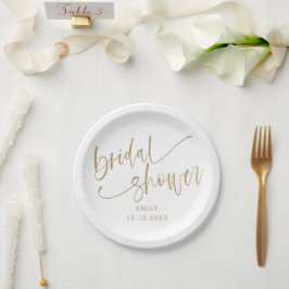 Prato De Papel Noiva Moderna Dourada Script & Branco