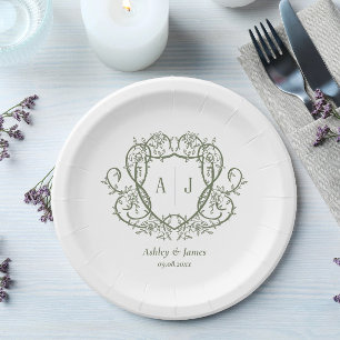 Prato De Papel Noiva Rosa Desenho Monograma Crista Casamento