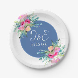 Prato De Papel Noiva Rosa Floral Azul Personalizada Casamento