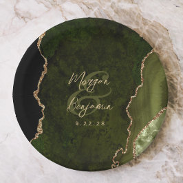 Prato De Papel Noiva Script Dourado Ágata Verde Oliva