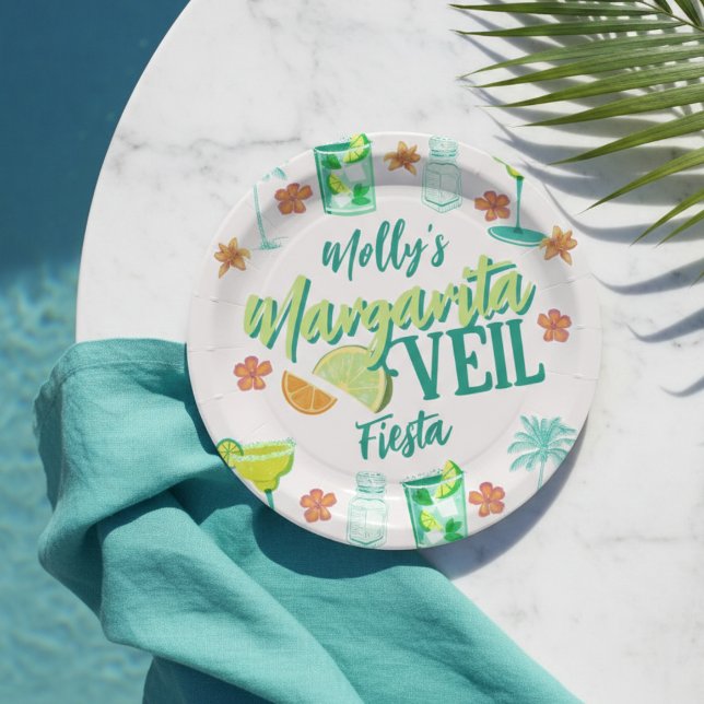 Prato De Papel Noiva Tropical Véu de Margarita (Margarita Veil Bachelorette Party Illustrated Paper Plates)