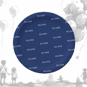 Prato De Papel Nome Azul Escuro de Aniversário de Criança