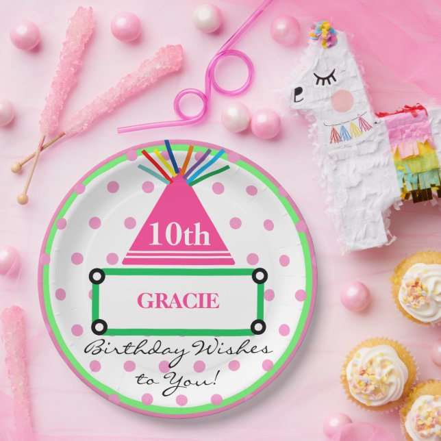 Prato De Papel Nome da Bolinhas Rosa Verde de Festa Menina (Festa)