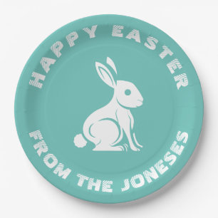 Prato De Papel Nome da família Teal White Felz pascoa Coelho Coel