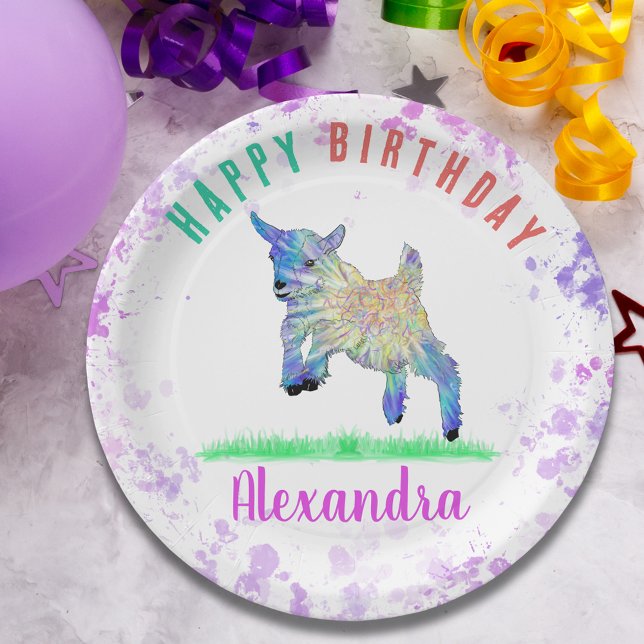 Prato De Papel Nome da Festa de aniversario de meninas do porco (Colorful cute pigmy goat jumping girls name personalized birthday party paper plate)
