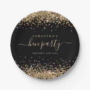 Prato De Papel Nome da Glitter Dourada Elegante Data Hen Party Bl