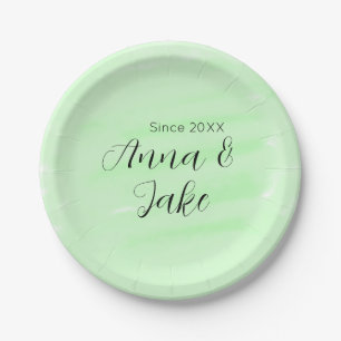 Prato De Papel Nome data casamento casal verde aquarela pastel l