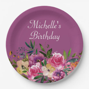 Prato De Papel Nome de Aniversário Personalizado Púrpura Amarelo